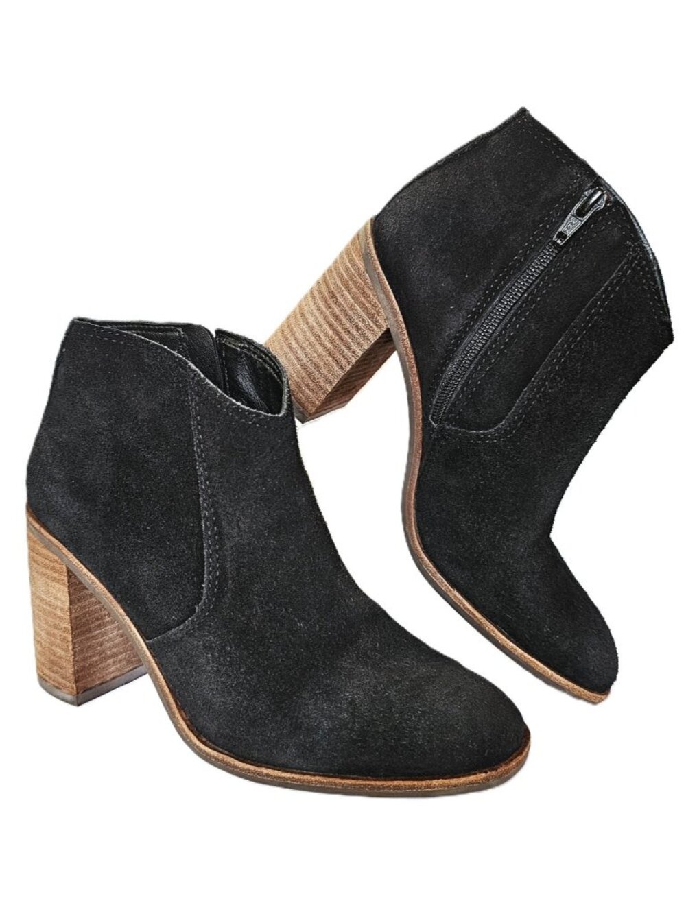 Lucky Brand Pellyon Sz 7 Black Suede Leather Block Heel Ankle Boot Bootie